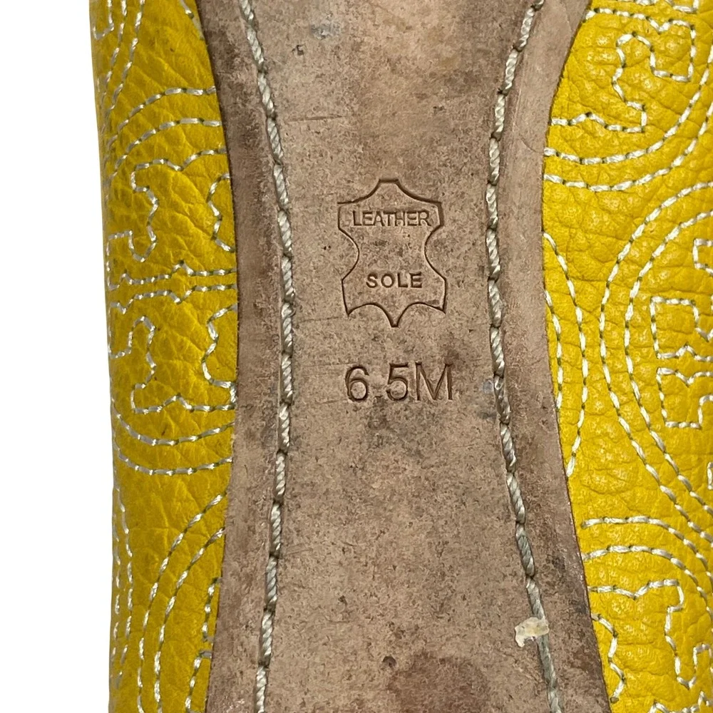 Tory‎ Burch Chelsea Stitched Ballet Flats Yellow Stitched Logo Leather 6.5M